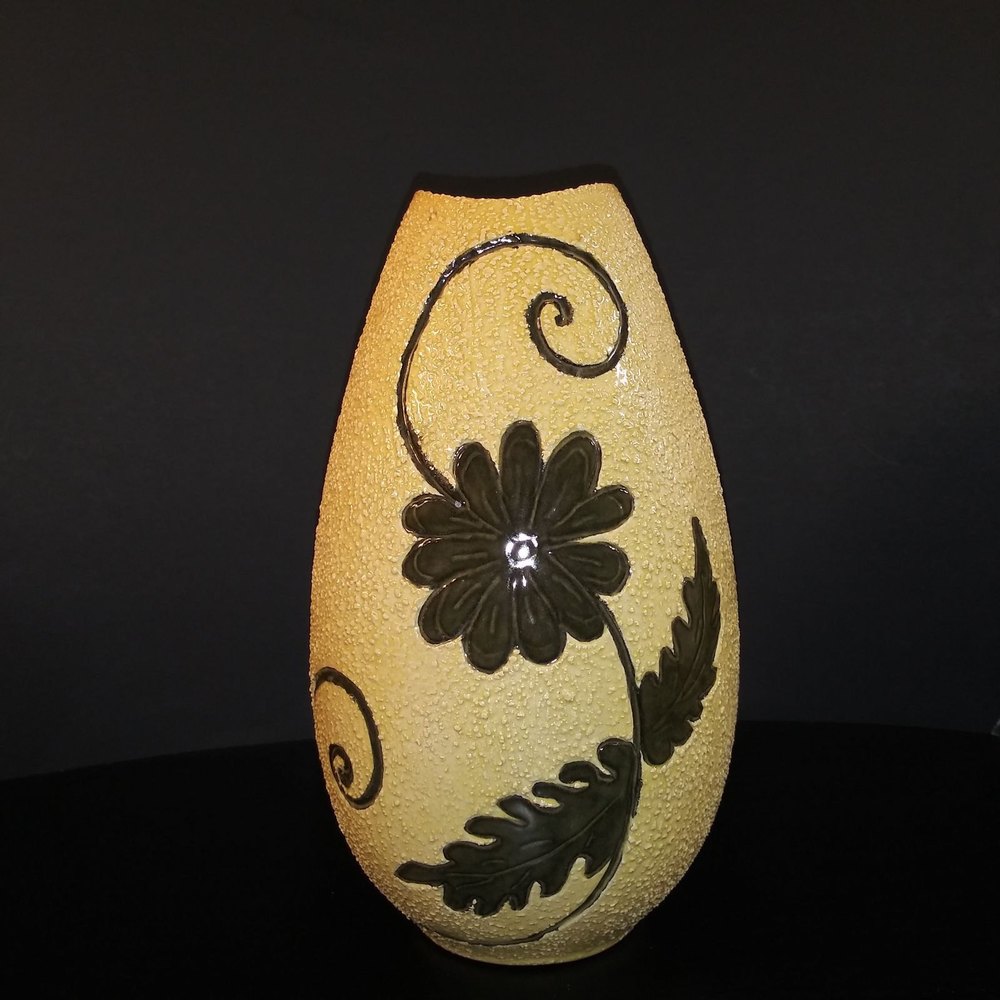 Art pottery hobbyist holland mold vase flowers scrollwork glazed interior
